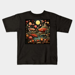 Surrealistic Folk Art Dark Floral Motif Fish Design Kids T-Shirt